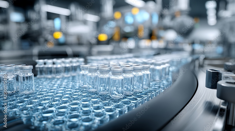 Obraz premium Sterile cleanroom vaccine packaging line, sealed glass vials in trays, automated labeling system