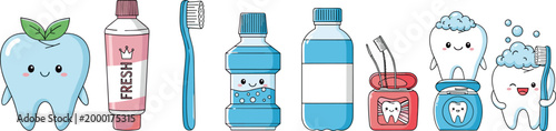 Cute Dental Care Vector Icon Set with Toothbrush, Toothpaste, Mouthwash, Floss, Smiling Tooth Characters for Dentist, Kids, Oral Hygiene Designs