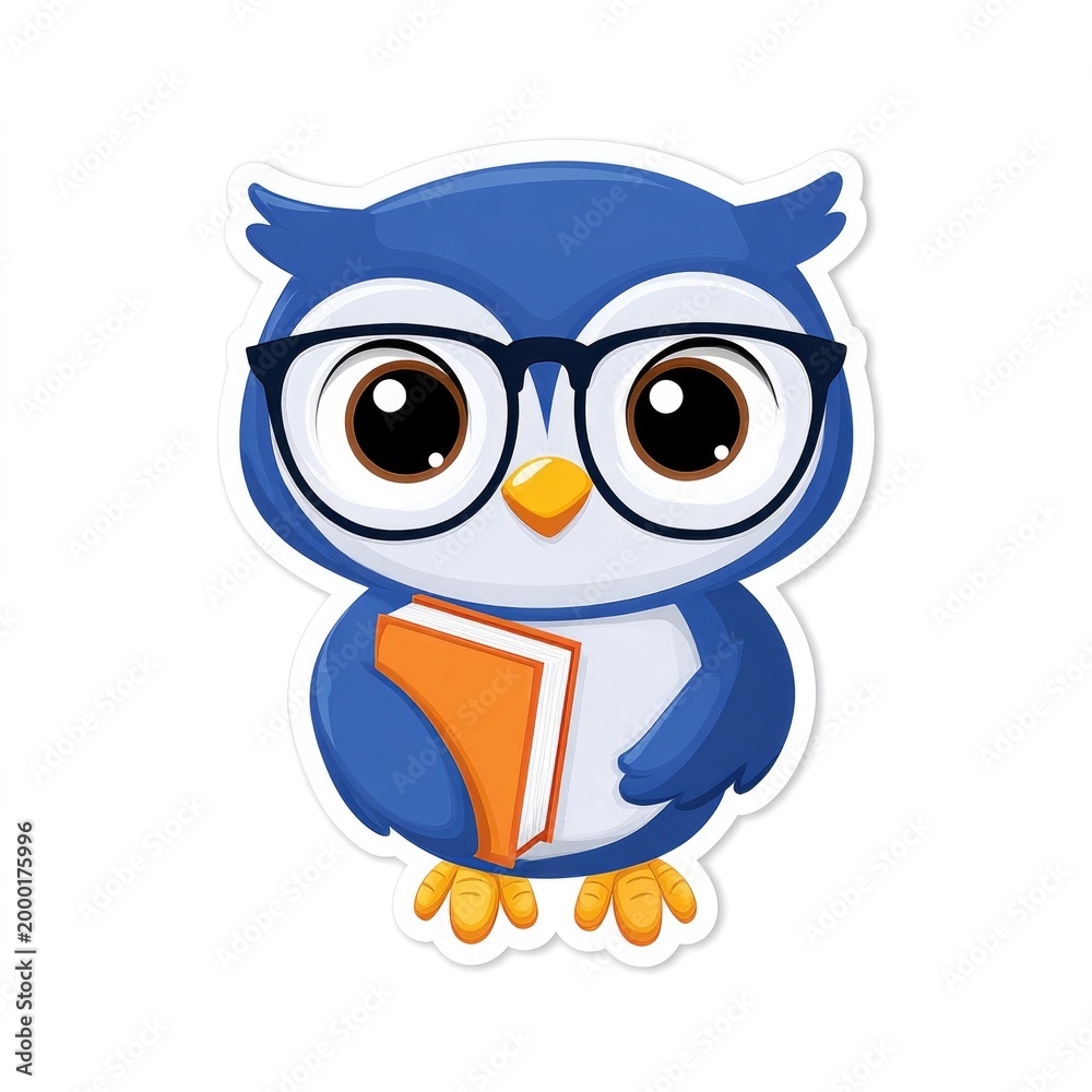 Fototapeta premium Adorable cartoon owl wearing glasses holding a book for educational and learning themes on white background
