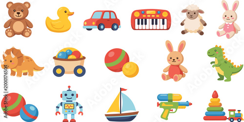 Colorful baby toys icon collection featuring teddy bear duck car piano sheep bunny triceratops wagon balls robot boat water gun and stacking rings for kids nursery design vector.