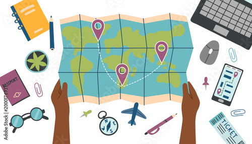 Travel and vacation concept banner. Human hands holding the map with points of destination and travel objects around. Vector flat template.