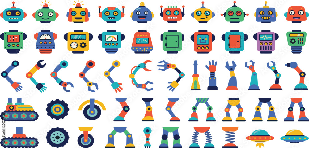 Fototapeta premium Colorful robot construction kit vector set featuring friendly heads torsos mechanical arms legs and wheels for creative character design and educational toy projects,