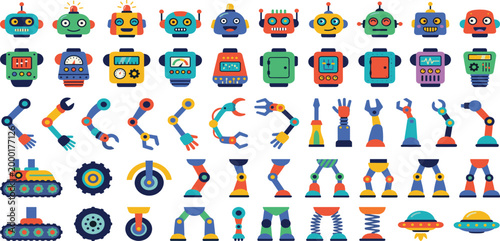 Colorful robot construction kit vector set featuring friendly heads torsos mechanical arms legs and wheels for creative character design and educational toy projects,