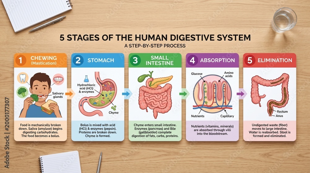 Obraz premium Illustrated guide to the five stages of the human digestive system 