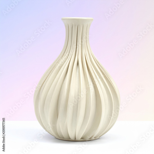 Local artisan craft, summer. elegant white ceramic vase with textured pleated design against soft pastel gradient background