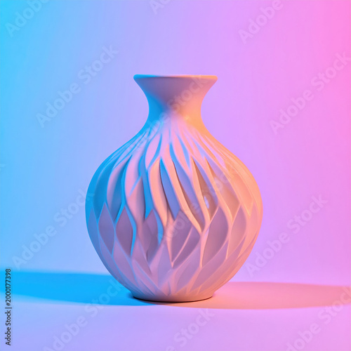 Local artisan craft, summer. white ceramic vase with intricate patterns is illuminated by vibrant pink and blue lighting creating modern