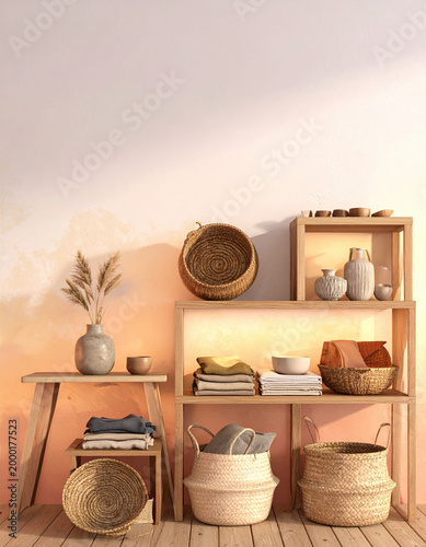 Local artisan craft, summer. cozy minimalist interior with wooden shelves and baskets folded textiles and ceramic vases creates warm inviting
