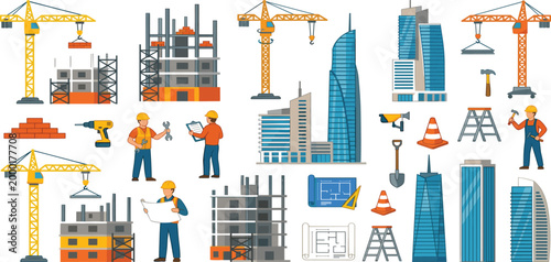Comprehensive construction vector set featuring heavy machinery cranes professional builders architectural blueprints and modern skyscraper development projects 