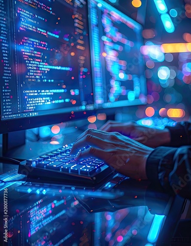 A close-up shot depicts a person's hands typing on a computer keyboard with lines of code displayed on the screen, illuminated by a vibrant blue and pink bokeh background.