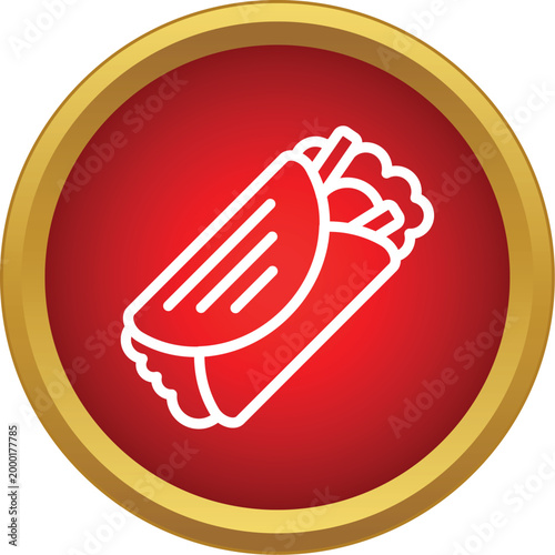 Shawarma or kebab food wrap icon in a red circle with gold border