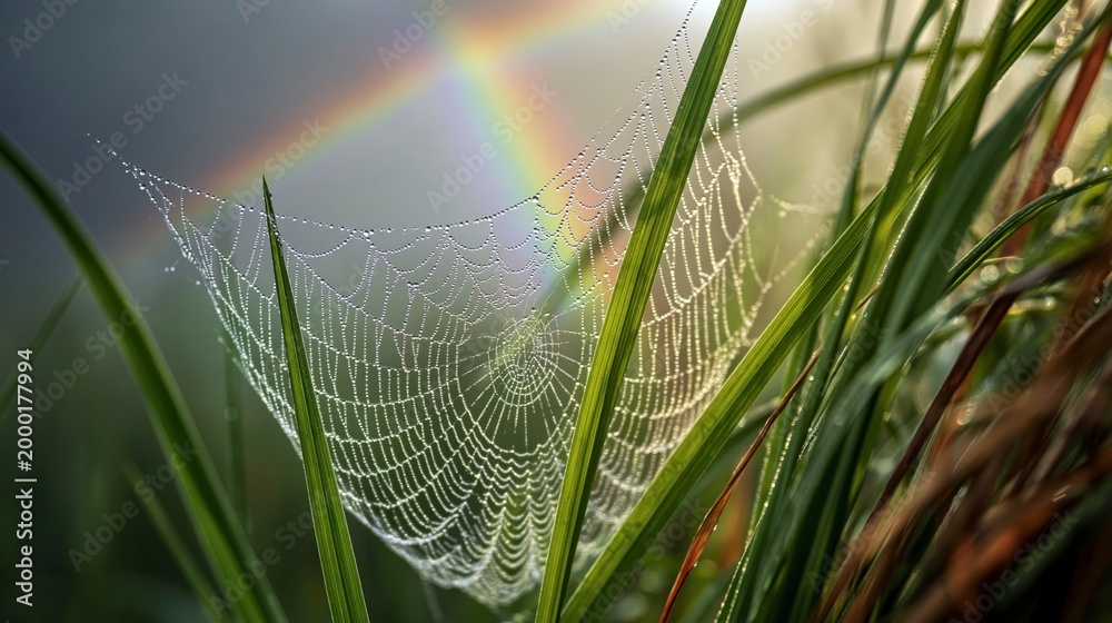 Naklejka premium Spider web with dew drops and rainbow