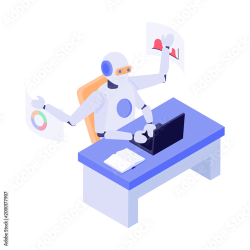 An isometric style illustration depicting a working robot

