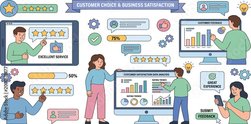 Customer choice and business satisfaction vector set featuring people analyzing data trends star ratings and digital feedback for user experience and marketing performance evaluation,