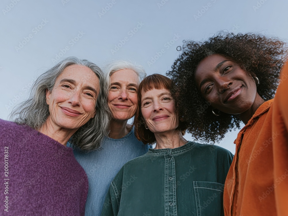 Obraz premium Four multiracial senior women smiling together outdoors for senior living advertisements, retirement community brochures and wellness lifestyle marketing campaigns