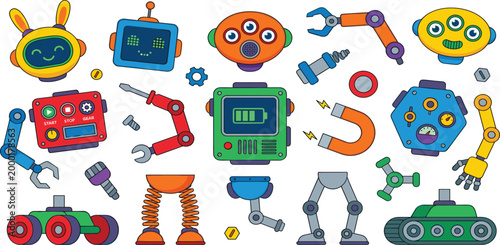 Colorful robot construction kit vector set featuring friendly cartoon heads robotic arms mechanical legs tools and gears for creative character design and education,