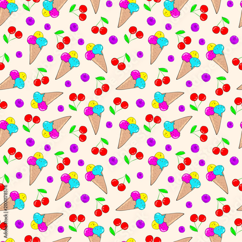 Summer vector pattern with ice cream, cherries and blueberries
