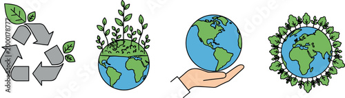 Eco Friendly Environment Conservation Vector Icon Set with Recycling Symbol, Green Earth, Sustainability and Nature Protection for Apps, Websites, Print Media