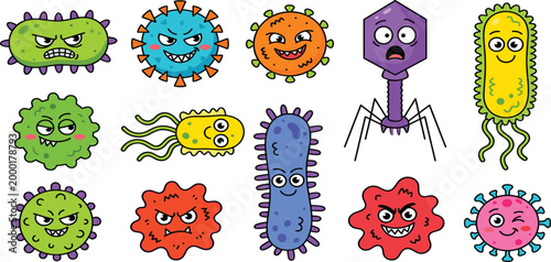 Cute cartoon bacteria and virus vector set featuring expressive germ characters micro organisms and colorful pathogens for health education and medical illustrations,
