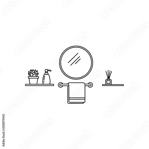 Minimalist bathroom accessories drawing with mirror towel and plants, bathroom