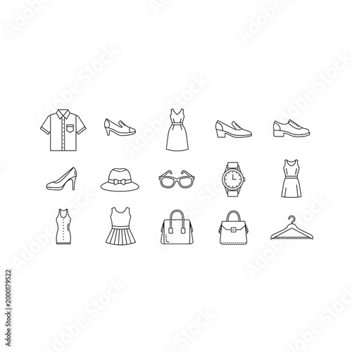 Set of fashion and clothing line art icons with clothing accessory shopping