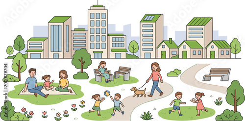 Happy family and people enjoying outdoor activities in a sunny city park with modern eco friendly buildings green trees and urban landscape,