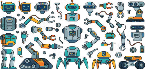 Comprehensive robot parts and mechanical components vector set featuring robotic arms heads torsos wheels and electronic gears for futuristic character construction kit,