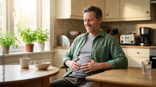 Middle-aged man smiling while sitting at kitchen table with food  