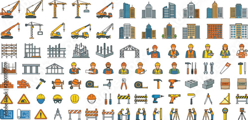 Large construction vector icon set featuring heavy machinery cranes skyscrapers professional workers tools blueprints and building site equipment for industrial and architectural design,