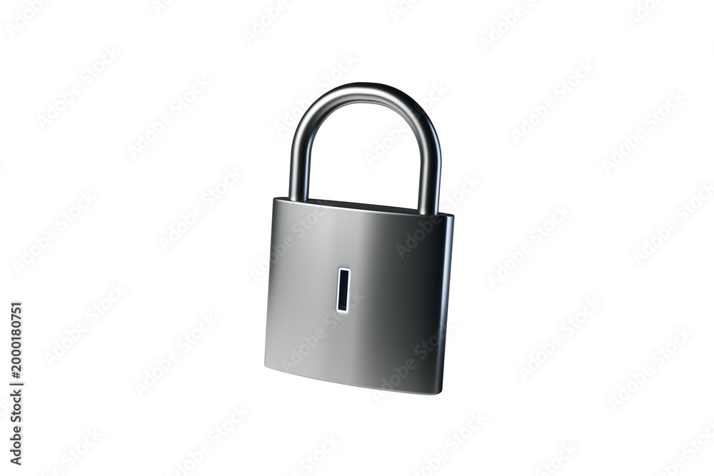 Fototapeta premium Metal padlock isolated on clean white background, realistic style, concept of secure data protection in tech. 3D Rendering