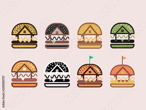 Burger house logo bundle, Minimalist logo,  Fast food, minimal,  solid background, flat design, vintage, retro, cartoon, Logotype, cafe restaurant, modern, simple, hamburger patty logo design,