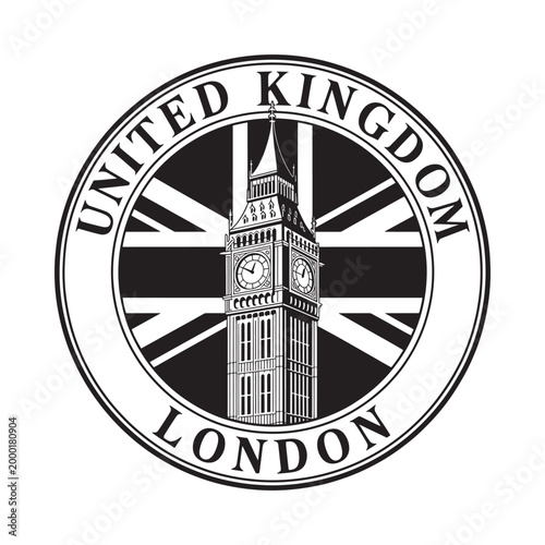 United kingdom london emblem with big ben black and white illustration