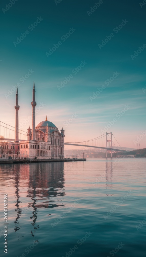 Naklejka premium Dramatic sunrise sky over a waterfront mosque and suspension bridge for travel editorial, architectural lifestyle features and cultural heritage storytelling themes