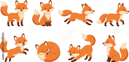 Cute red fox character vector set featuring adorable woodland animals in different poses including running jumping sleeping and sitting for nursery school books and children graphic design,