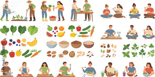 Healthy lifestyle vector set featuring people gardening harvesting cooking and eating organic vegetables fruits grains and nuts for nutrition wellness and balanced diet design.