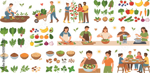 Foto Healthy lifestyle vector set with people gardening harvesting farming cooking and eating organic vegetables fruits and grains for balanced diet nutrition and wellness design