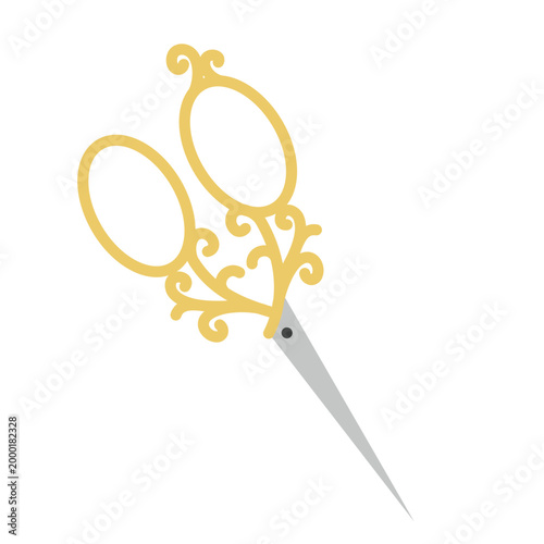 Vintage ornate scissors: vector flat illustration of gold decorative shears isolated on white background.