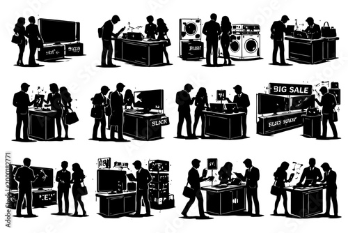 Silhouette shopping scene with diverse shoppers at electronics store.