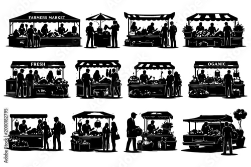 Silhouettes of diverse farmers markets stalls with customers and vendors.