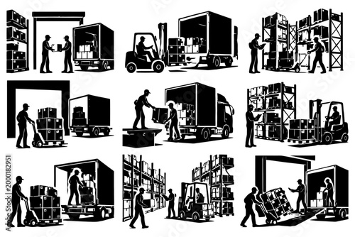 Silhouette of warehouse operations with workers and equipment.