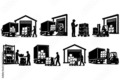 Warehouse operations: silhouettes of workers loading and unloading trucks.