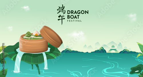 Dragon boat festival with bamboo steamer basket, zongzi dumplings and flowing river scenery