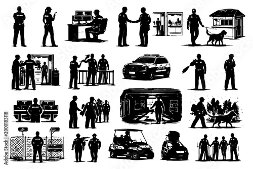 Silhouettes of security professionals in various settings.