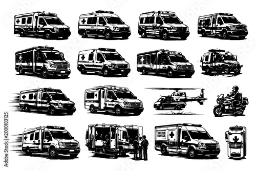 Collection of emergency vehicles illustrations including ambulances, helicopter, and motorcycle.