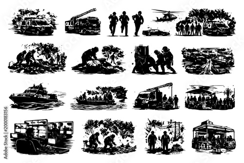 Silhouette depictions of emergency services scenes: rescue, police, firefighting, operations.