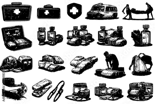 Vintage medical equipment and emergency response illustrations in black and white.