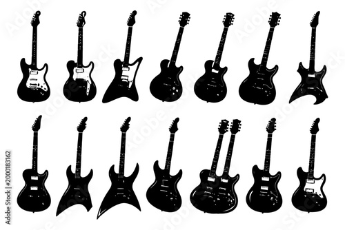 Collection of various electric guitar silhouettes in black and white.