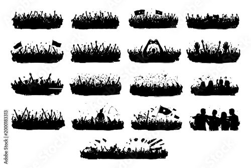 Silhouette crowd with flags and gestures in various exciting poses.