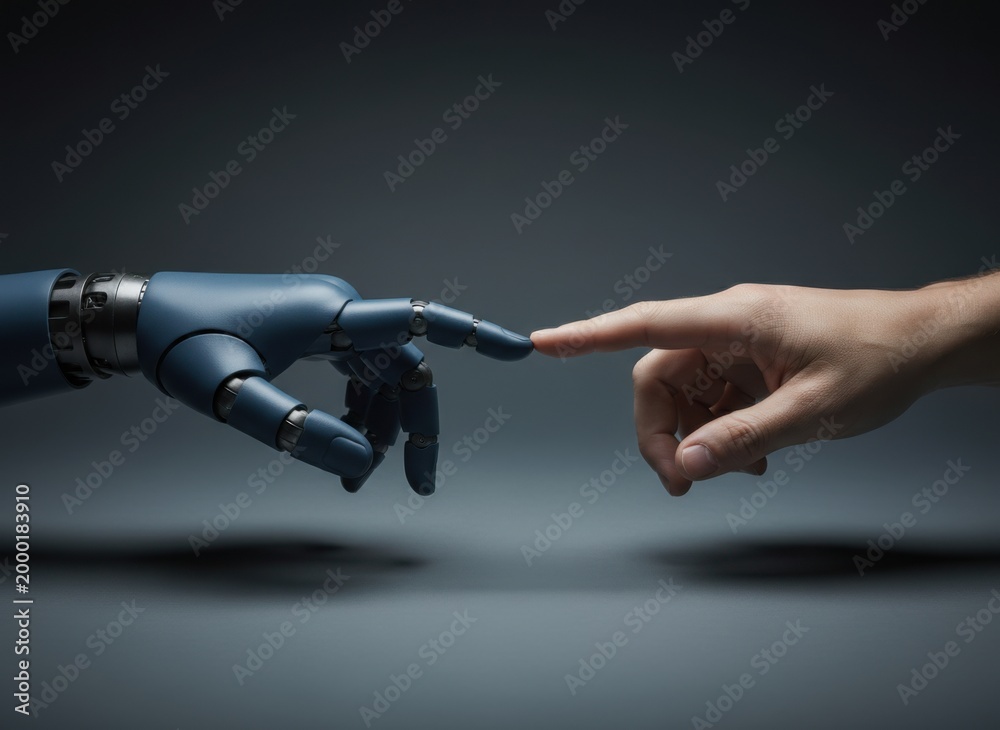 Naklejka premium Robotic hand and human finger touching at fingertips for artificial intelligence, machine learning and future technology collaboration with copy space on a dark background