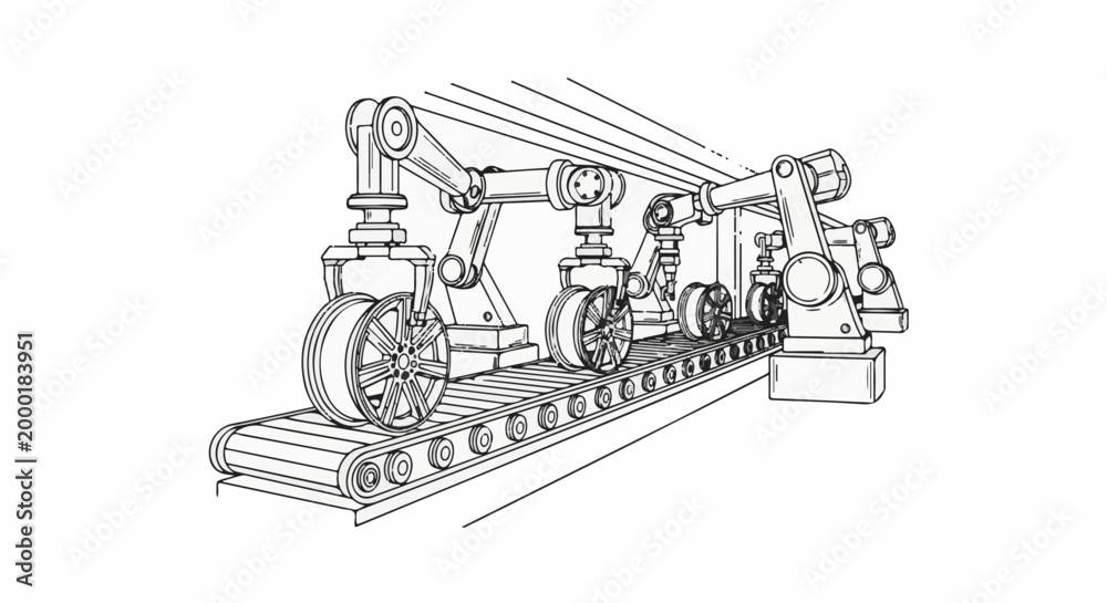 Obraz premium Automated assembly line with robotic arms attaching wheels to a conveyor belt