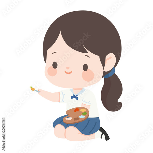Girl Painting With Palette And Brush Showing Creativity